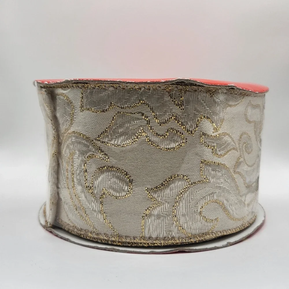 Gold Christmas Ribbon Lot of 3 Embossed Holiday Gift Wrap Tree Decor Roll